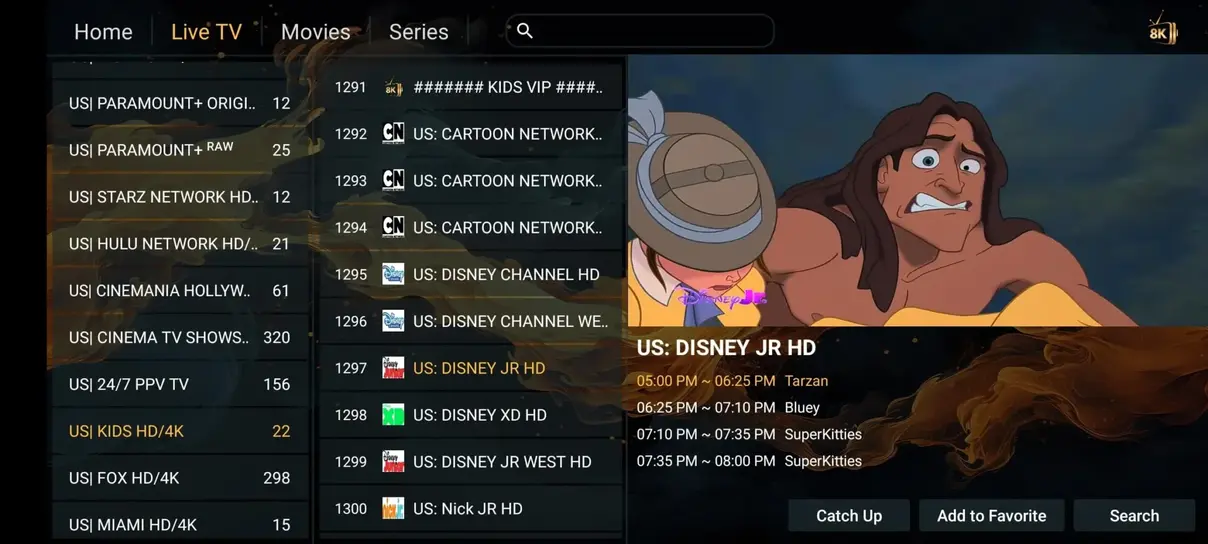 Live TV channel category navigation on Smart TV interface