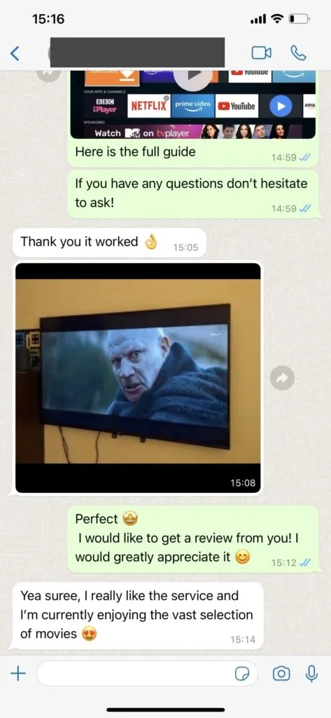 Customer WhatsApp conversation confirming instant 4K IPTV playlist activation