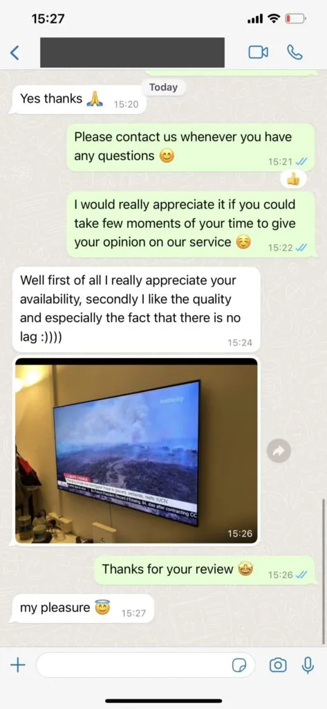 WhatsApp support chat showing quick resolution for Smart TV setup