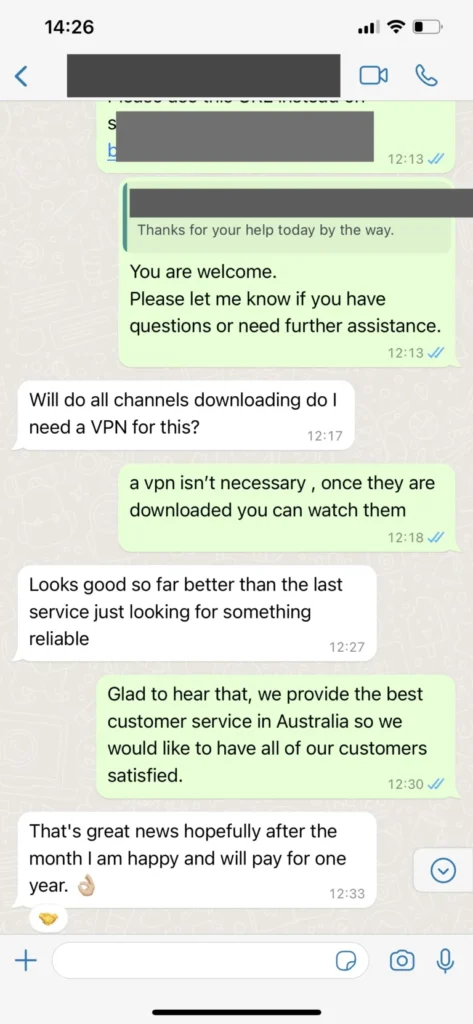 Subscriber WhatsApp feedback praising zero buffering during sports final